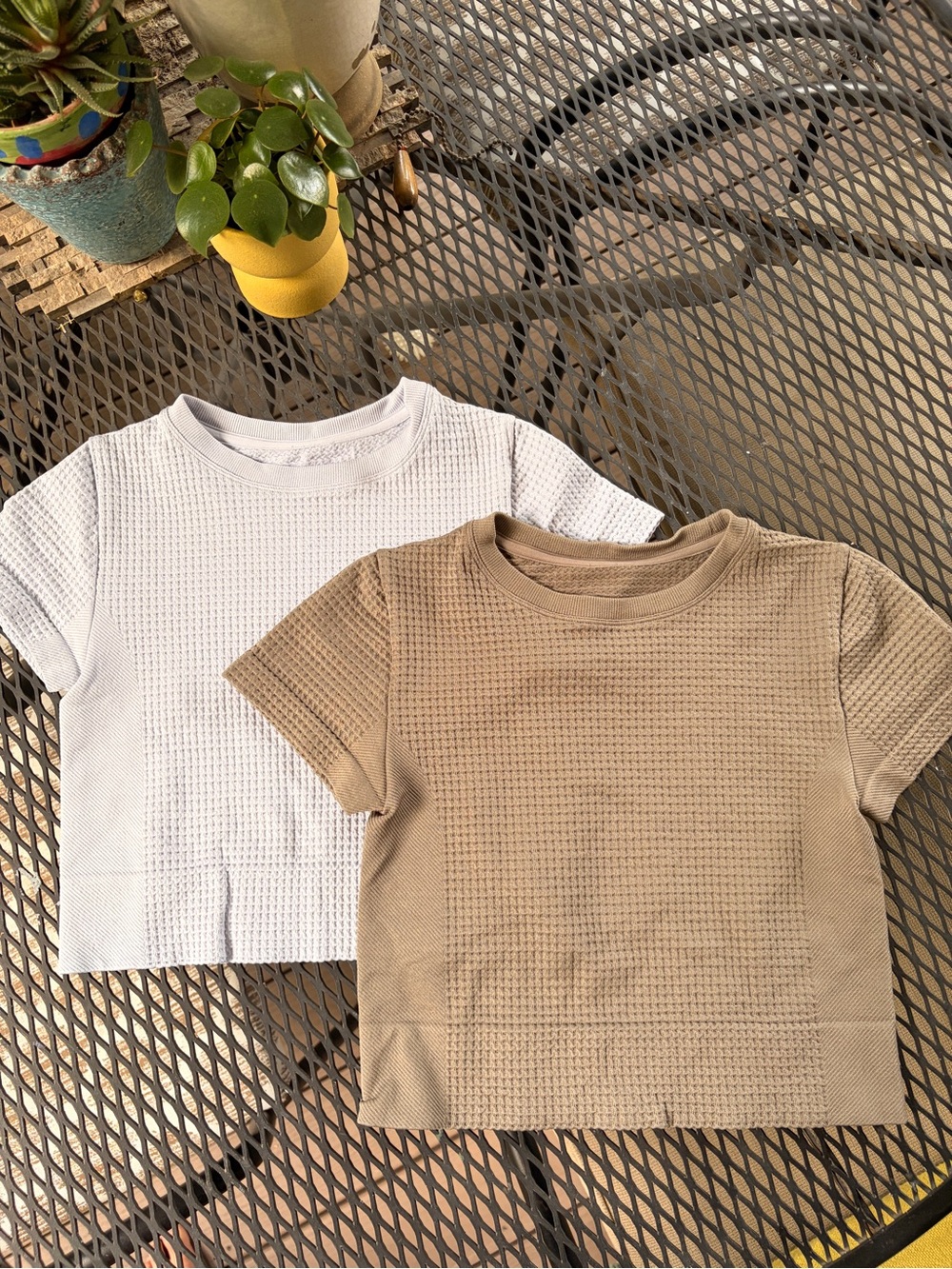 2 all in motion Waffle Crop athletic Tees in baby blue and olive